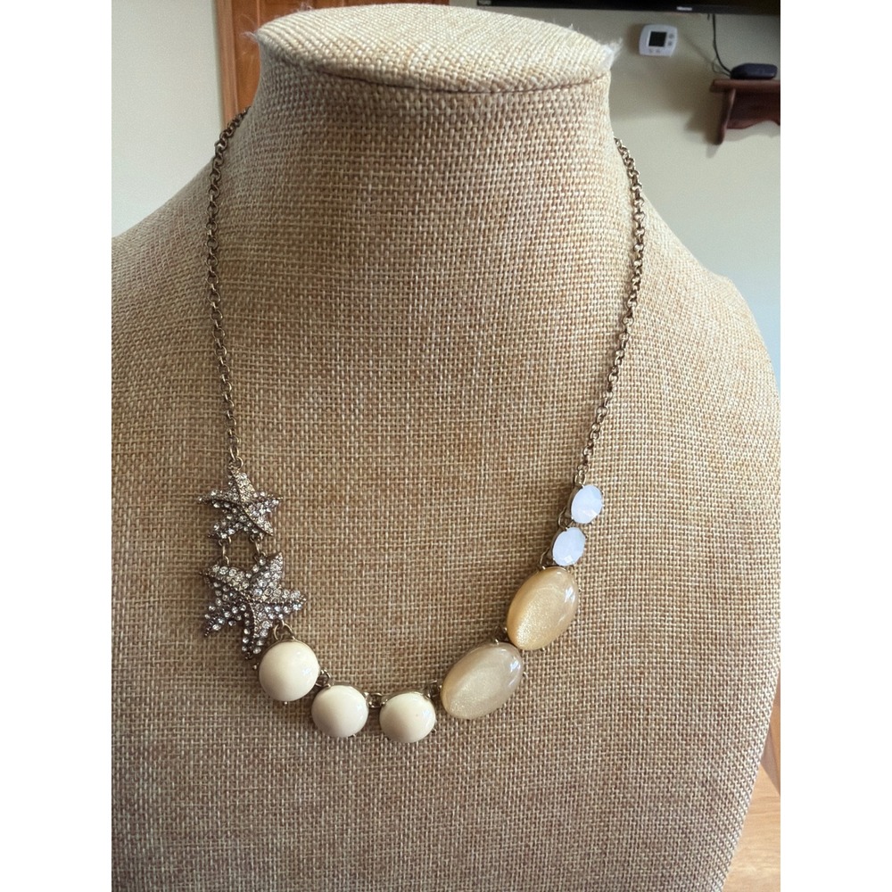 Gold Tone Starfish Rhinestone Bib Necklace Cream Cabochon Nautical Coastal